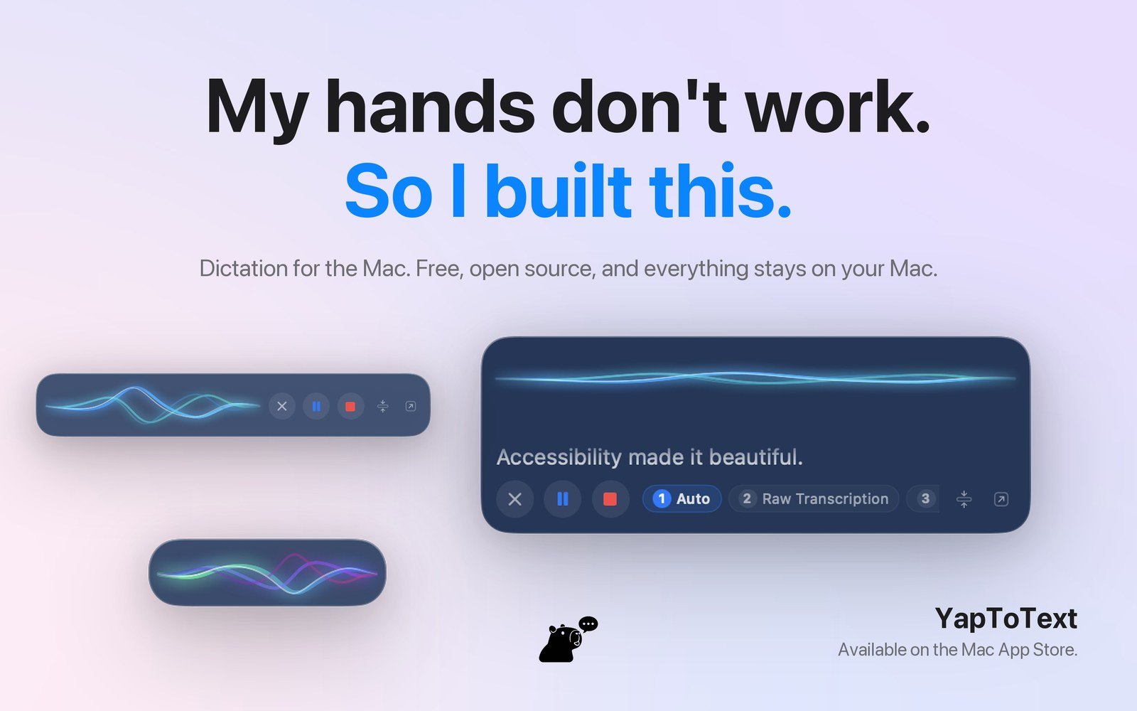 A headline card reading My hands don't work. So I built this. with the expanded, compact, and mini YapToText panels shown beneath it.