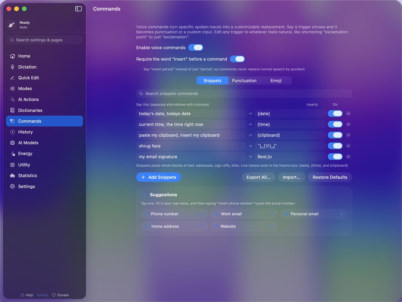 YapToText's Commands page: Enable voice commands on, Require the word insert before a command on, and the Snippets tab.