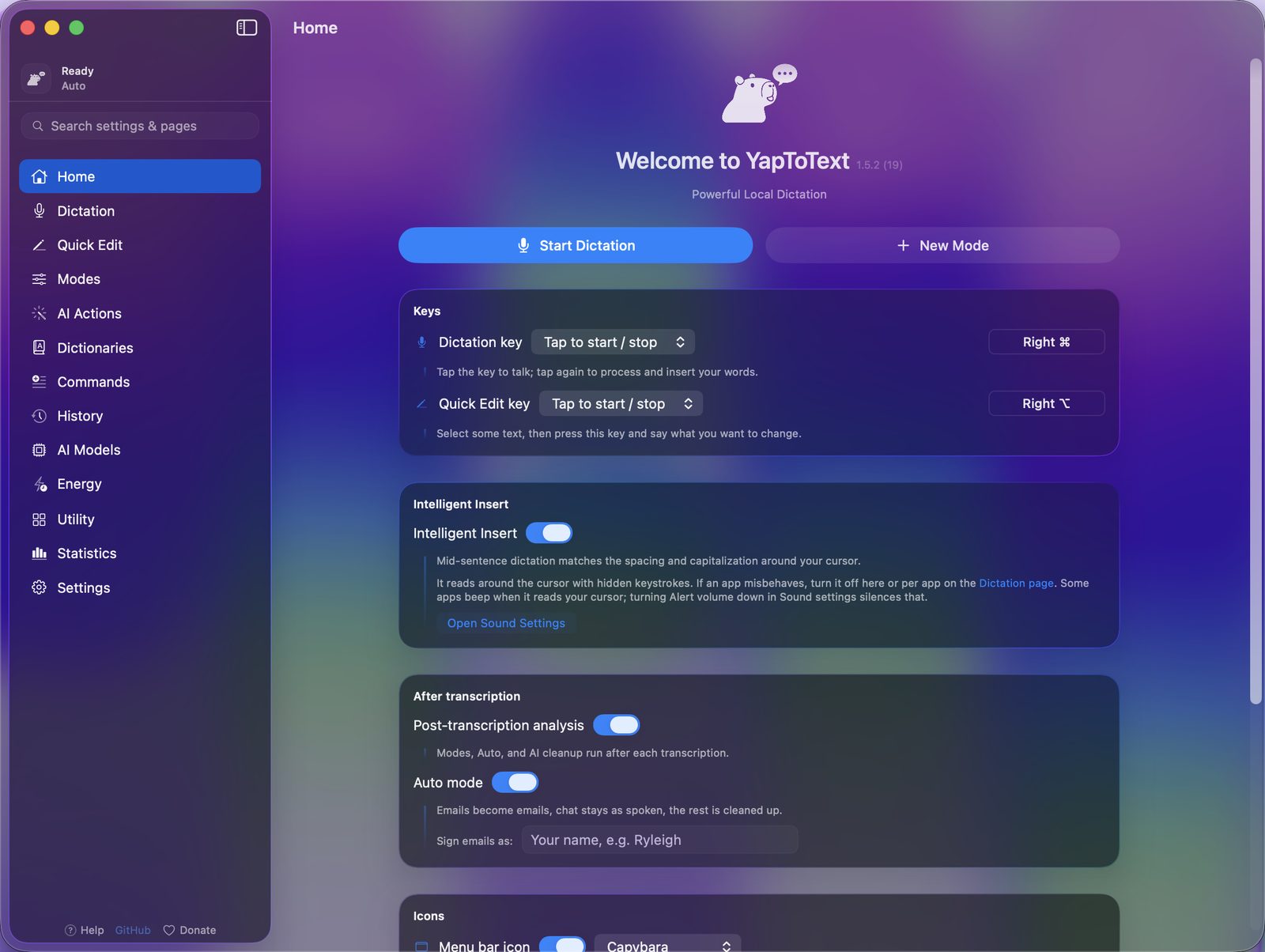 YapToText's Home page: the Start Dictation button, the Keys card with Right Command and Right Option, and Intelligent Insert.