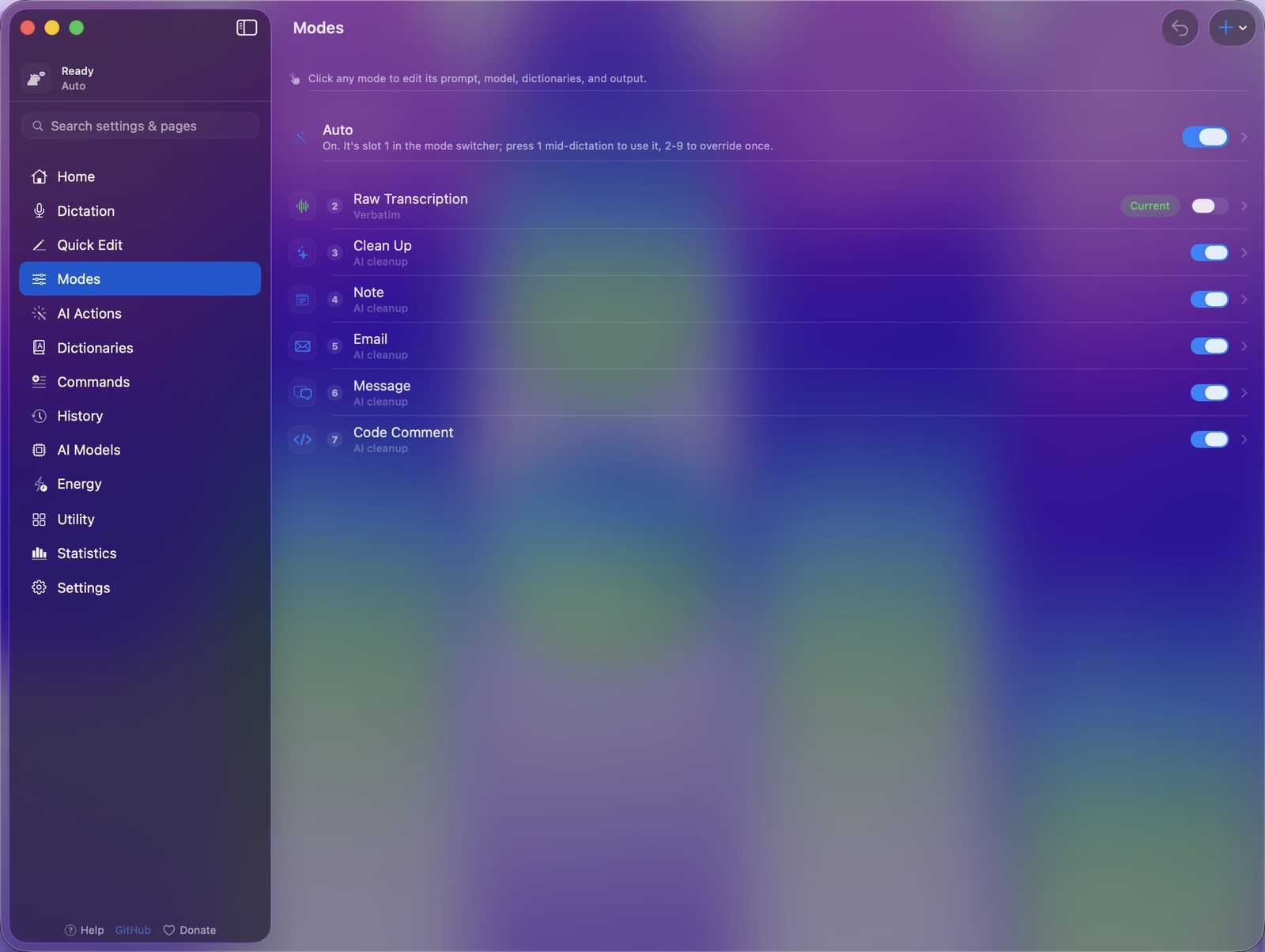 YapToText's Modes page: Auto on top, then Raw Transcription, Clean Up, Note, Email, Message and Code Comment, numbered 2 to 7.