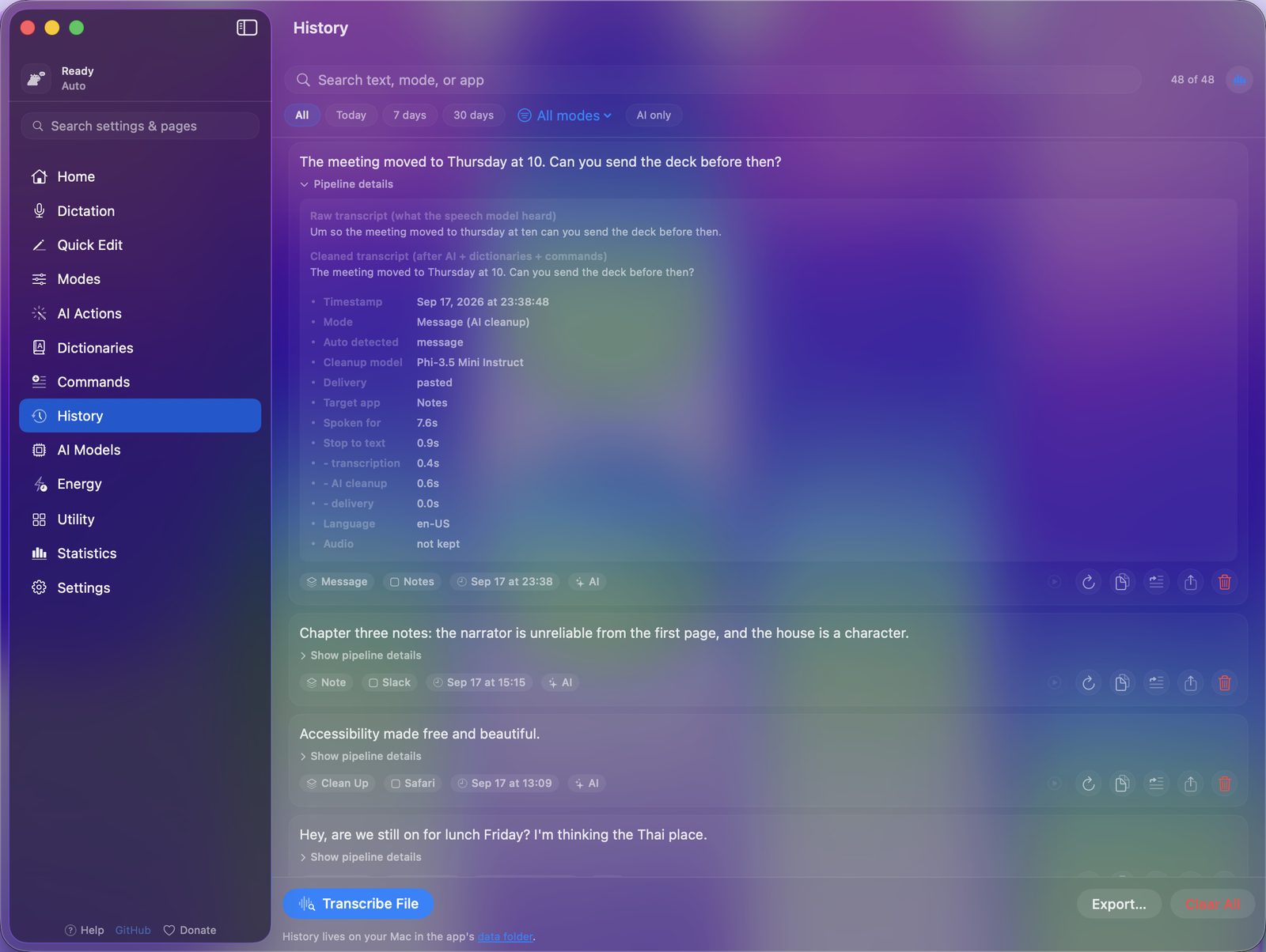A YapToText History entry with pipeline details open: raw transcript, cleaned transcript, mode, delivery, target app and timings.