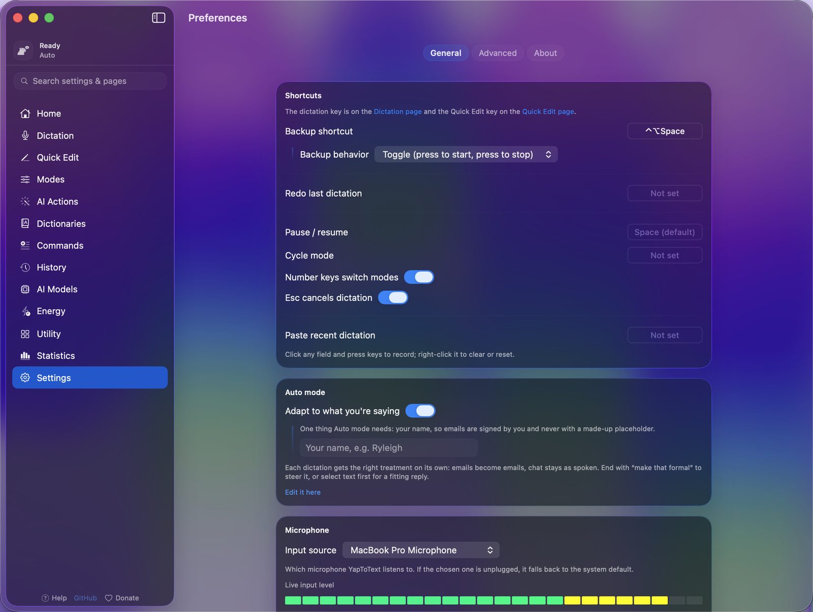 YapToText's Settings, General tab: the Shortcuts card, the Auto mode card, and the Microphone card with a live input level meter.