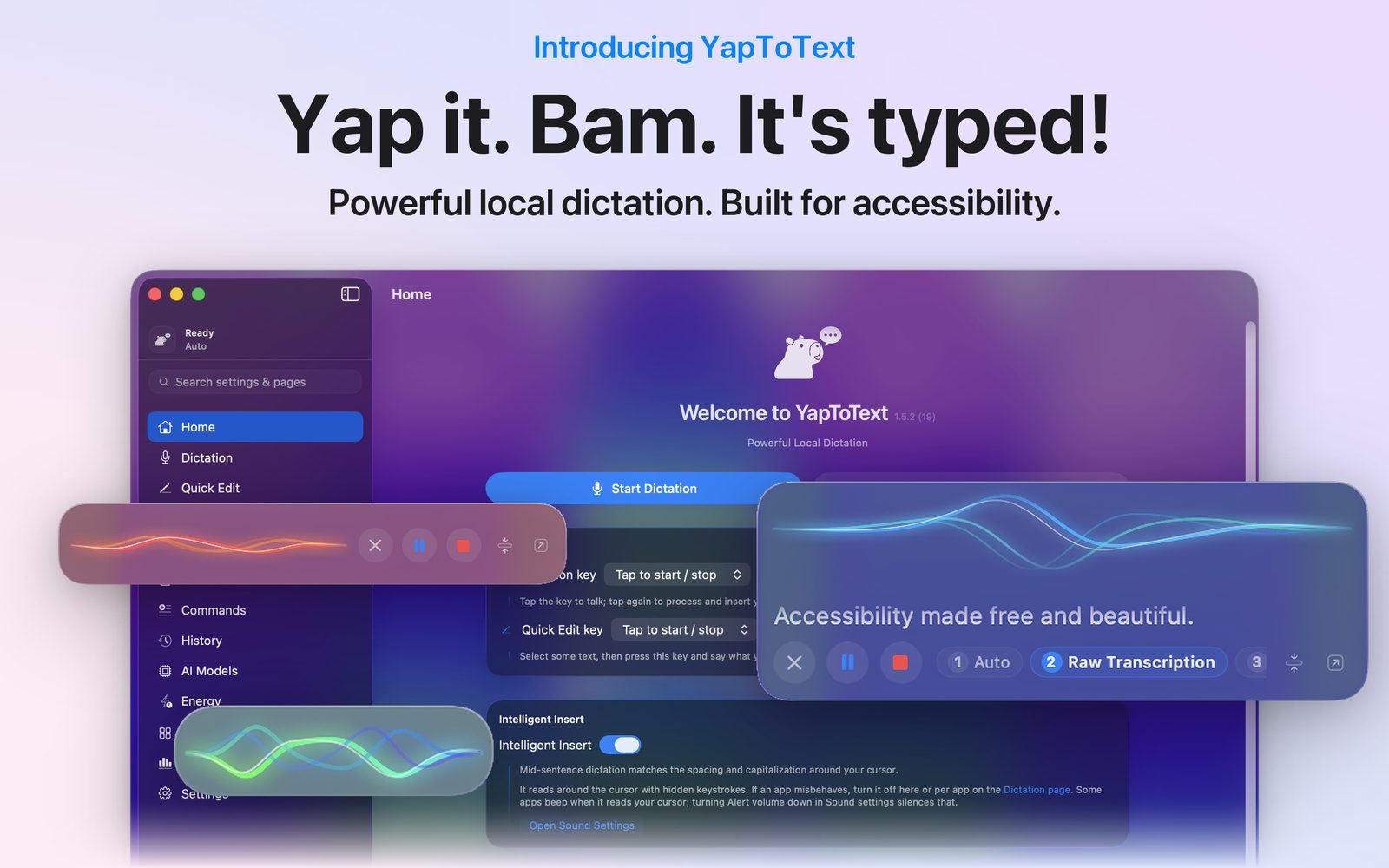 App Store poster headed Yap it. Bam. It's typed. over the YapToText Home window and the three floating panel layouts.