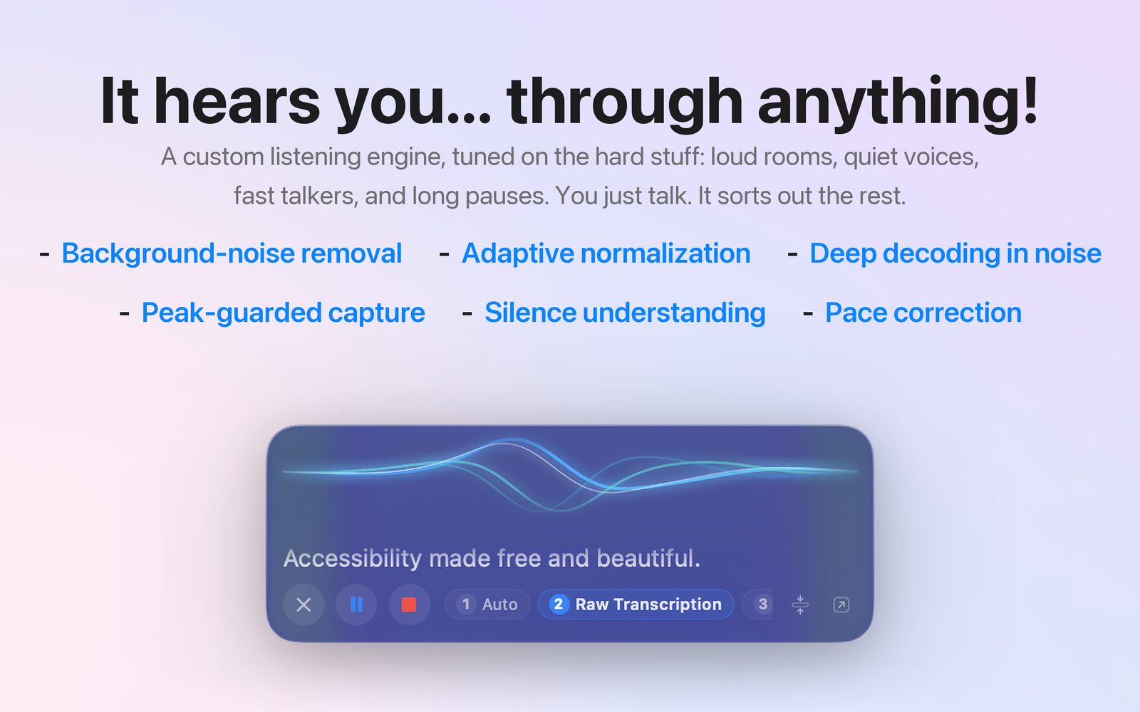 App Store poster headed It hears you through anything, listing the audio steps above the expanded recording panel.