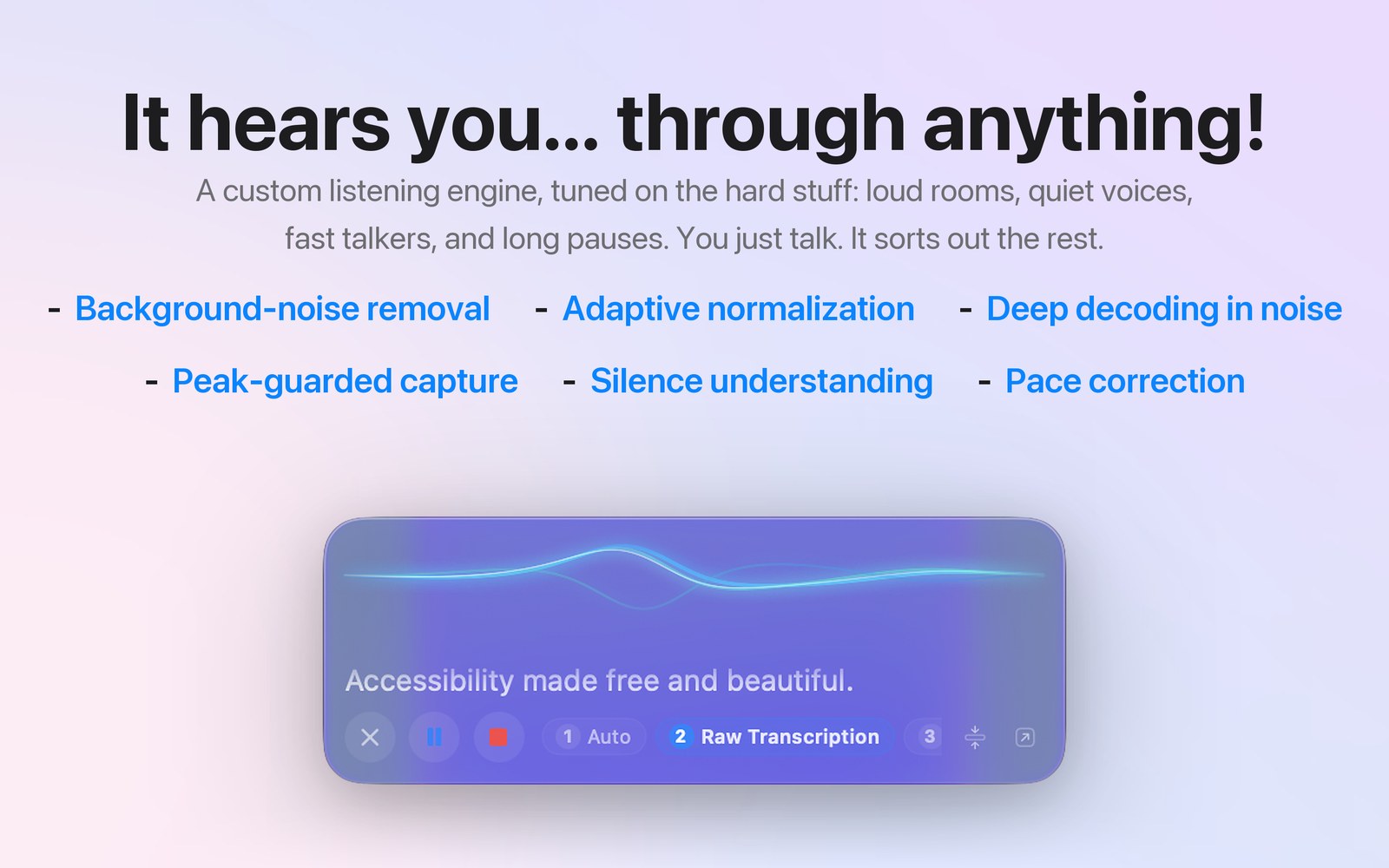 App Store poster headed It hears you through anything, listing the audio steps above the expanded recording panel.