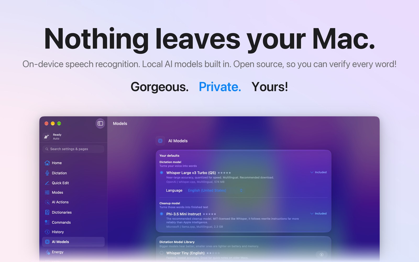App Store poster headed Nothing leaves your Mac, over YapToText's AI Models page with both models marked Included.
