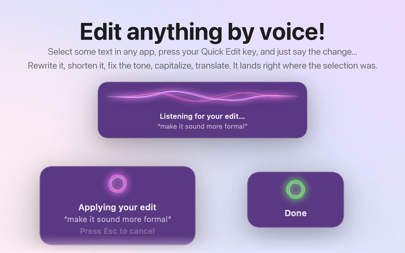 App Store poster headed Edit anything by voice: the Quick Edit card listening, applying the edit, and done.