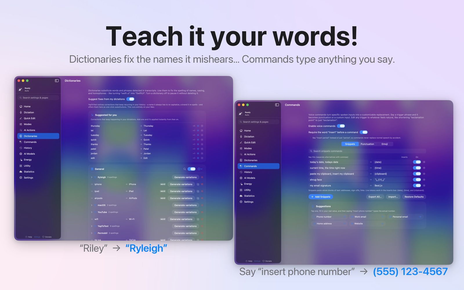 App Store poster headed Teach it your words, showing the Dictionaries page and the Commands page side by side.