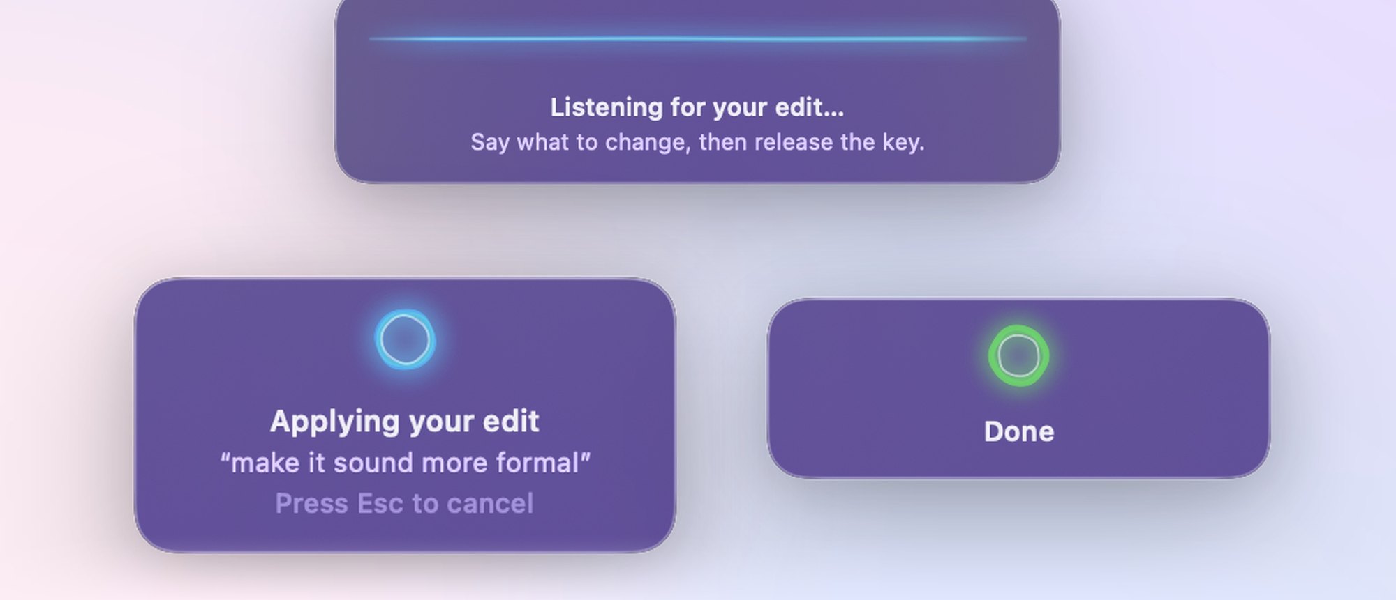 Three Quick Edit panels side by side: listening for the edit, applying the edit “make it sound more formal”, and the done state.