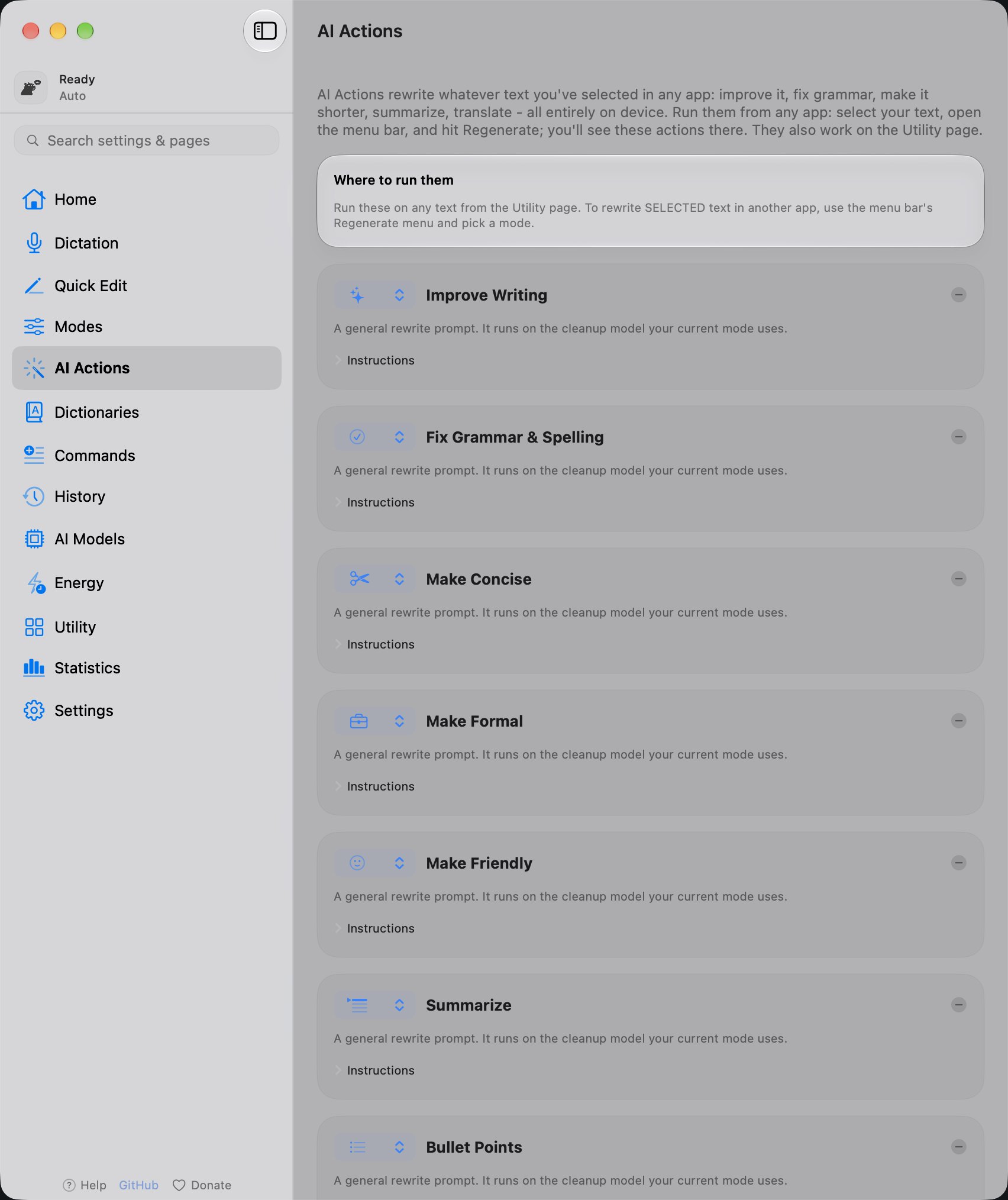 The YapToText AI Actions page with built-in actions such as Improve Writing, Fix Grammar and Spelling, Make Concise and Summarize, in light mode