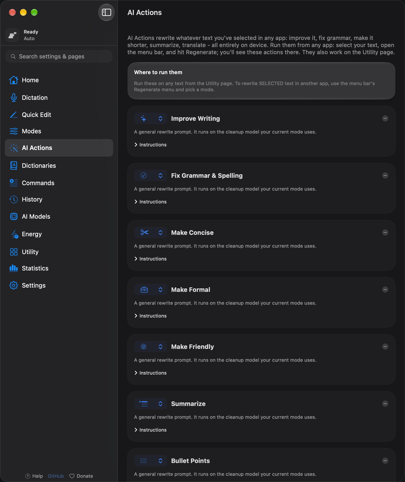 The YapToText AI Actions page with built-in actions such as Improve Writing, Fix Grammar and Spelling, Make Concise and Summarize