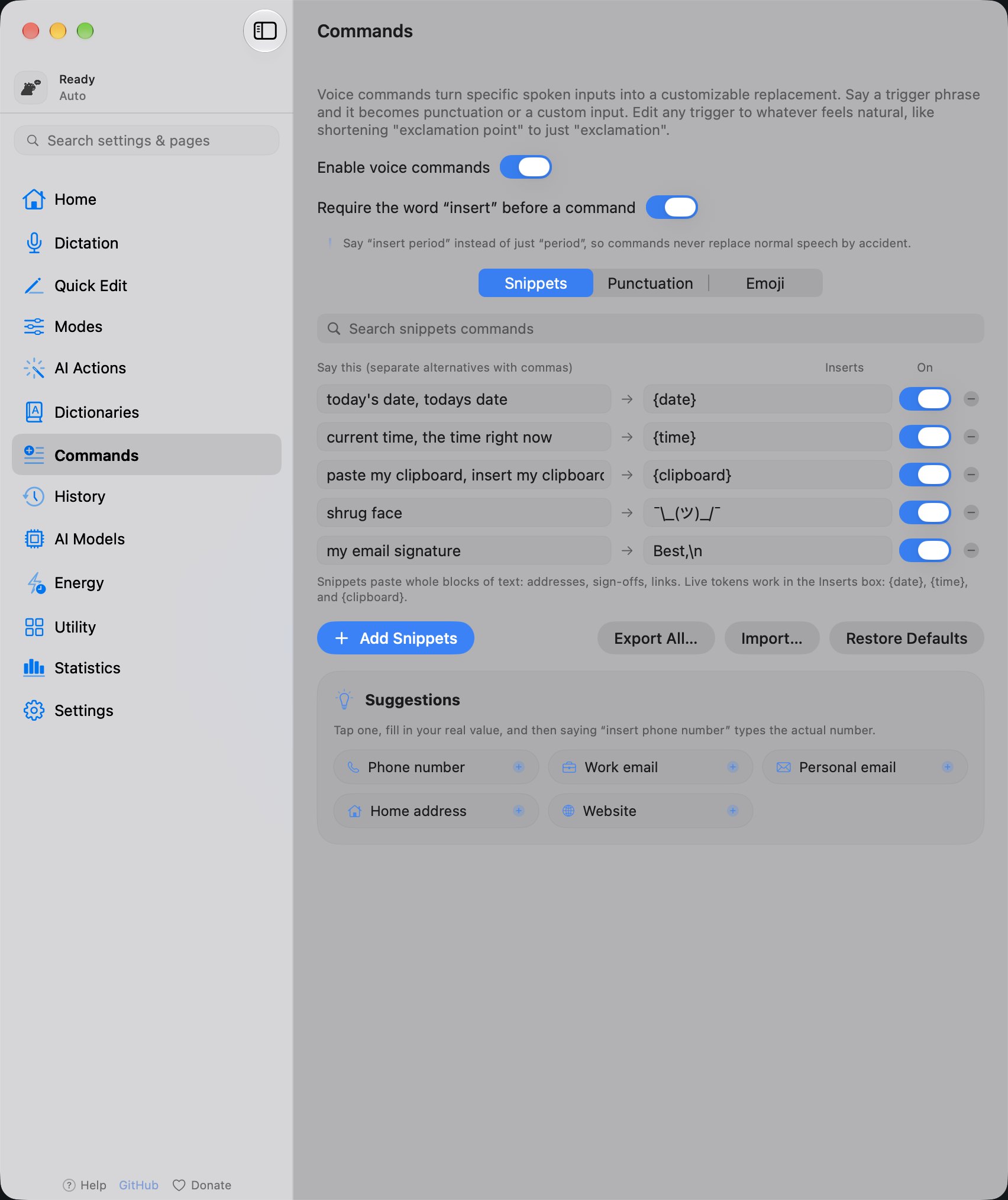 The YapToText Commands page with spoken triggers and the text each one inserts, in light mode