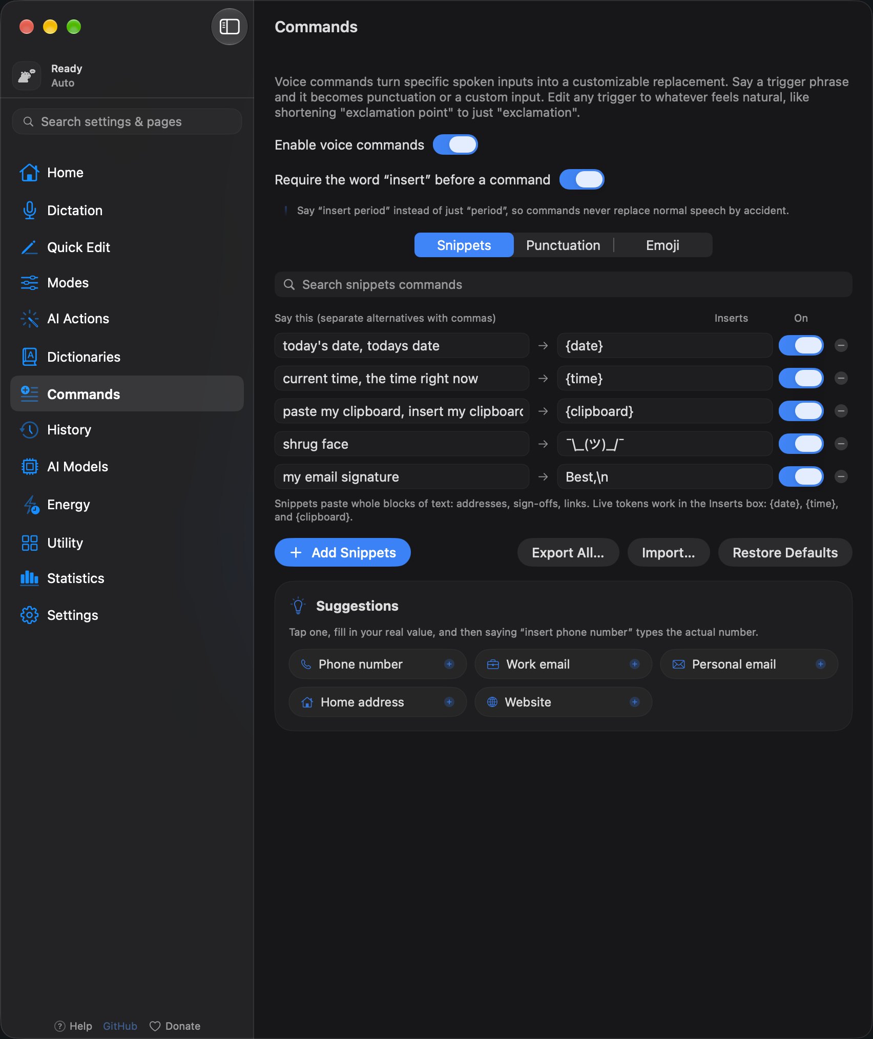 The YapToText Commands page with spoken triggers and the text each one inserts
