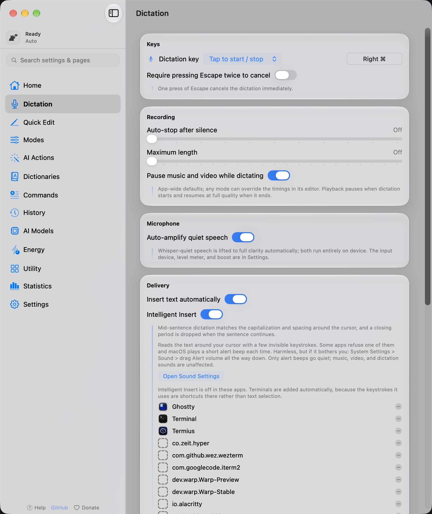 The YapToText Dictation page with the dictation key, recording limits, quiet speech and Intelligent Insert with the apps it skips, in light mode