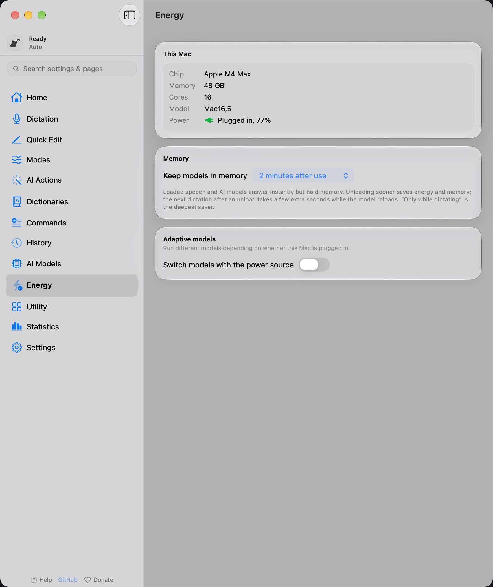 The YapToText Energy page with this Mac's chip and memory, how long models stay loaded, and adaptive models, in light mode