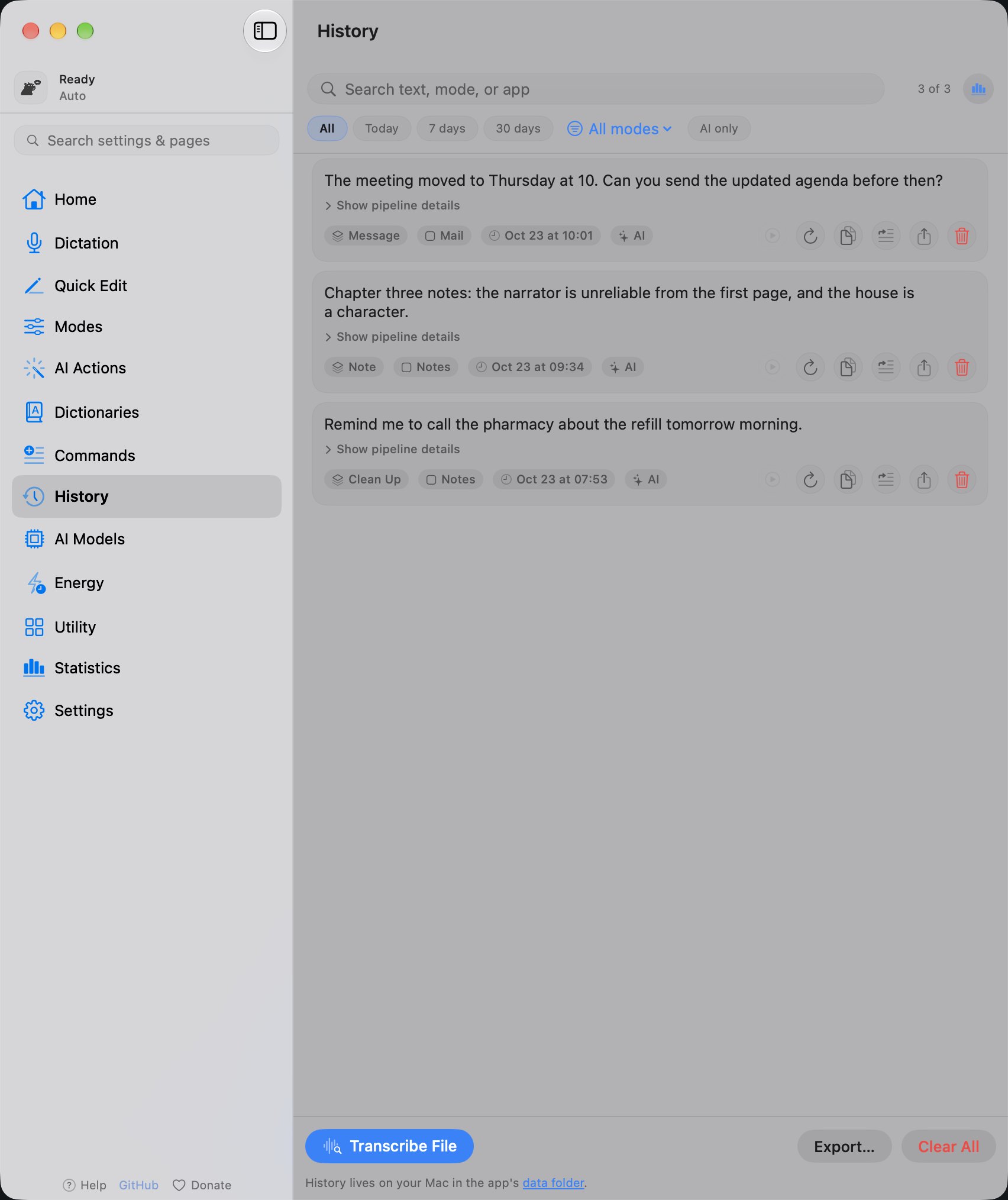 The YapToText History page with three recent dictations, each tagged with its mode, app and time, in light mode