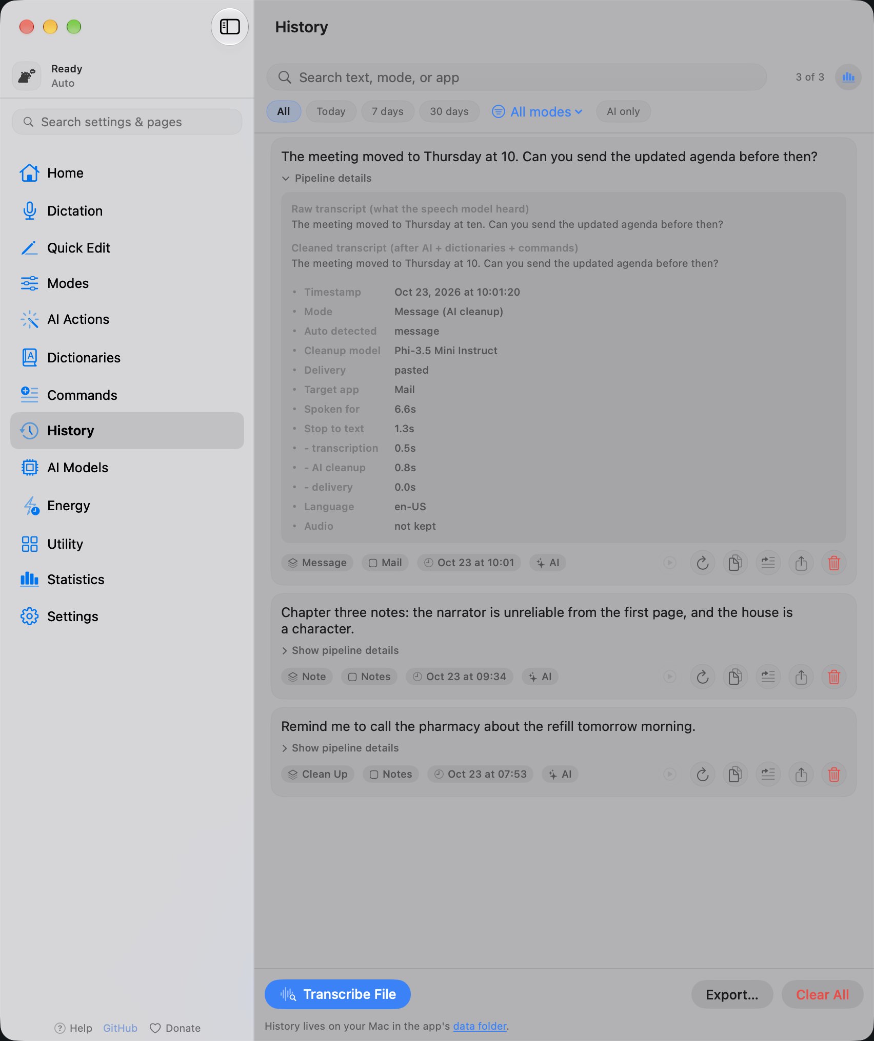 A YapToText History entry opened to show the raw transcript, the mode and the final text, in light mode