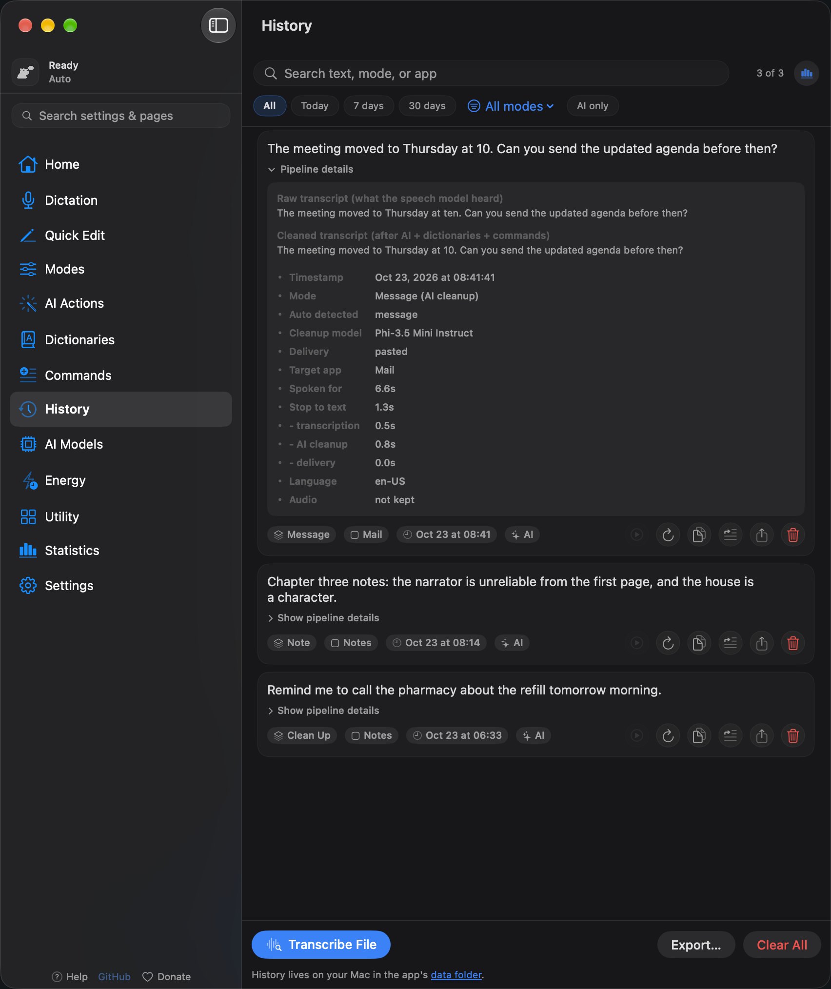 A YapToText History entry opened to show the raw transcript, the mode and the final text