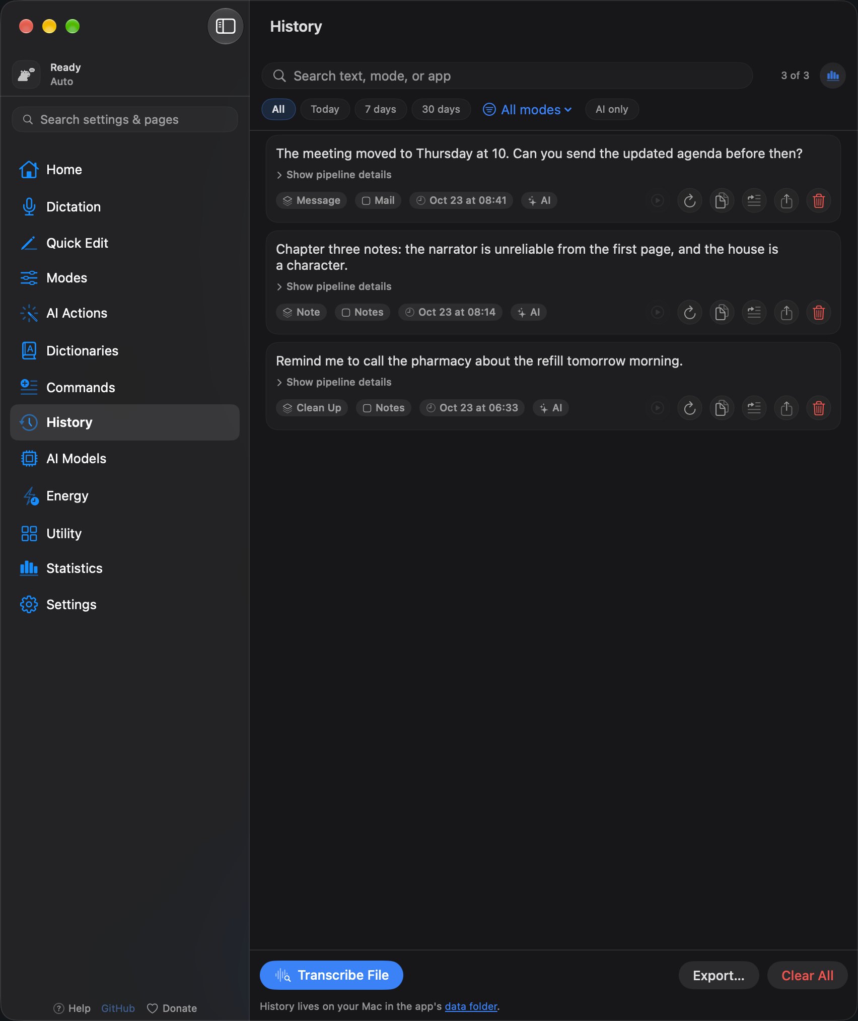 The YapToText History page with three recent dictations, each tagged with its mode, app and time