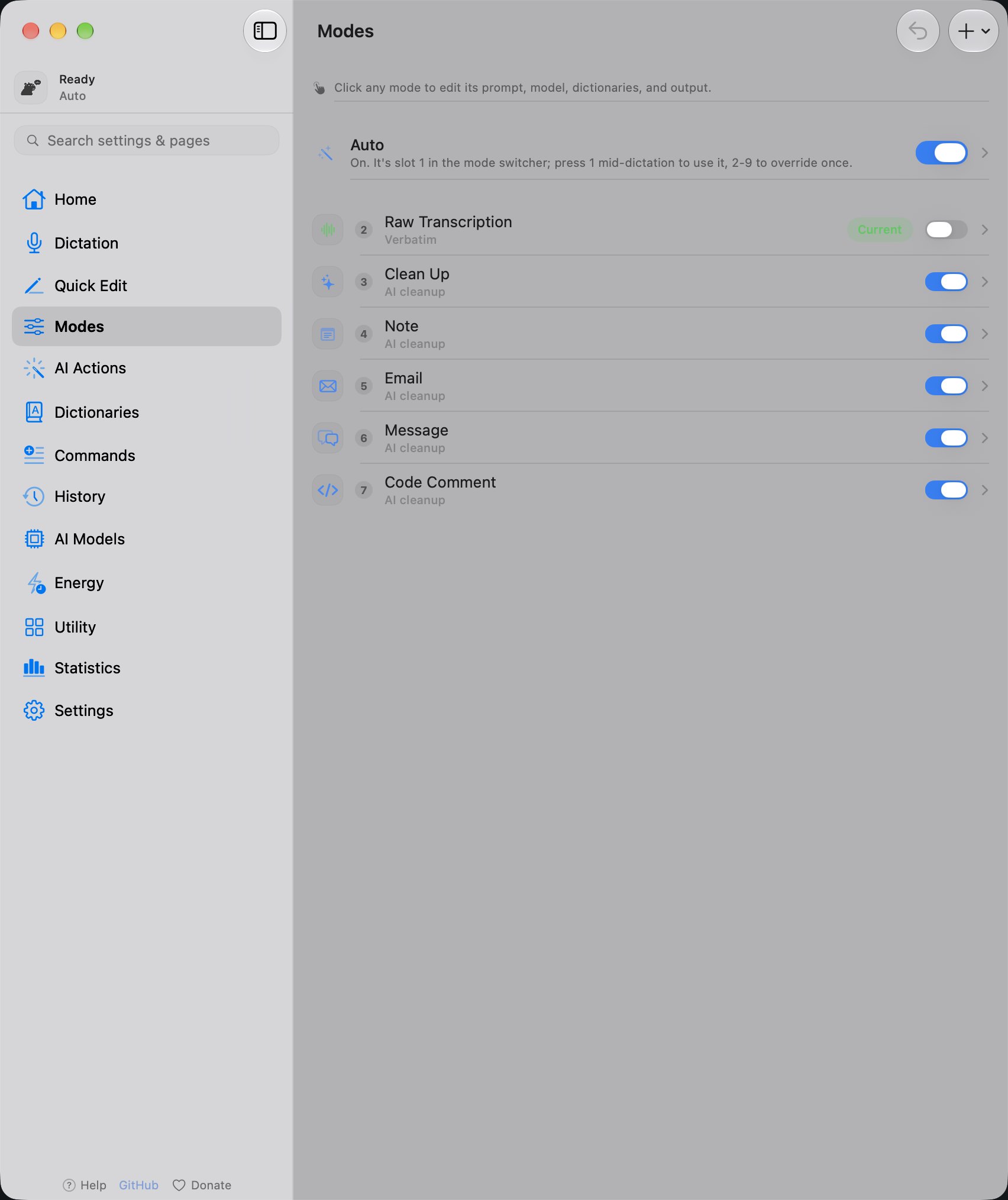 The YapToText Modes page listing Auto, Clean Up, Email, Message, Note, Code Comment and Raw Transcription, in light mode