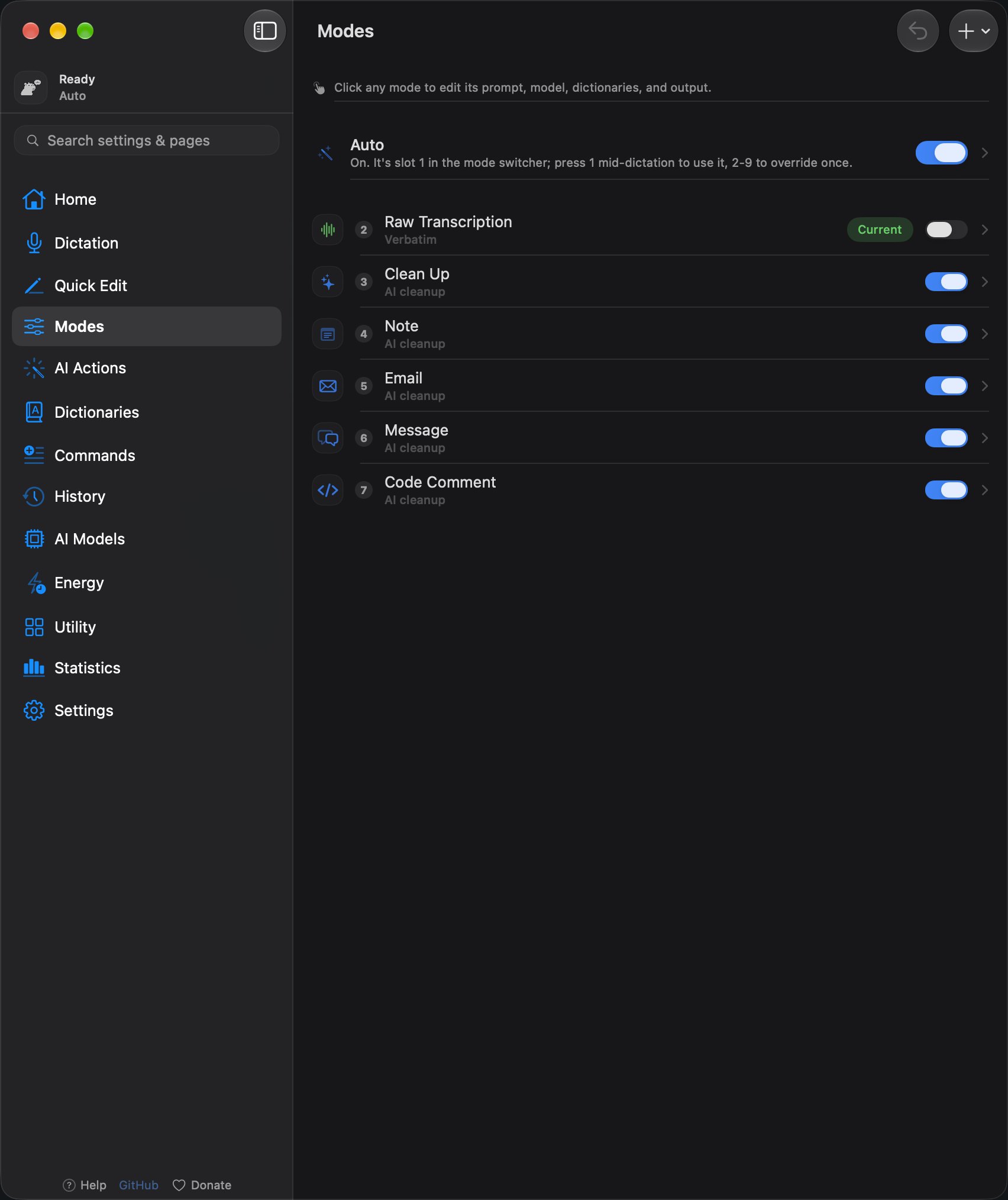 The YapToText Modes page listing Auto, Clean Up, Email, Message, Note, Code Comment and Raw Transcription