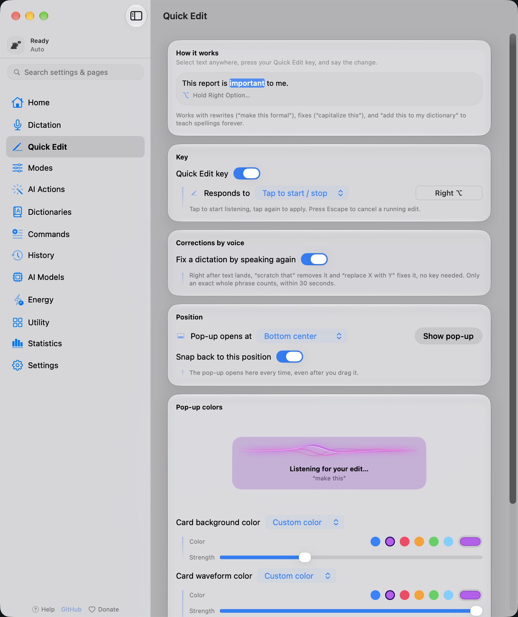 The YapToText Quick Edit page with the Quick Edit key and the card's position and colors, in light mode