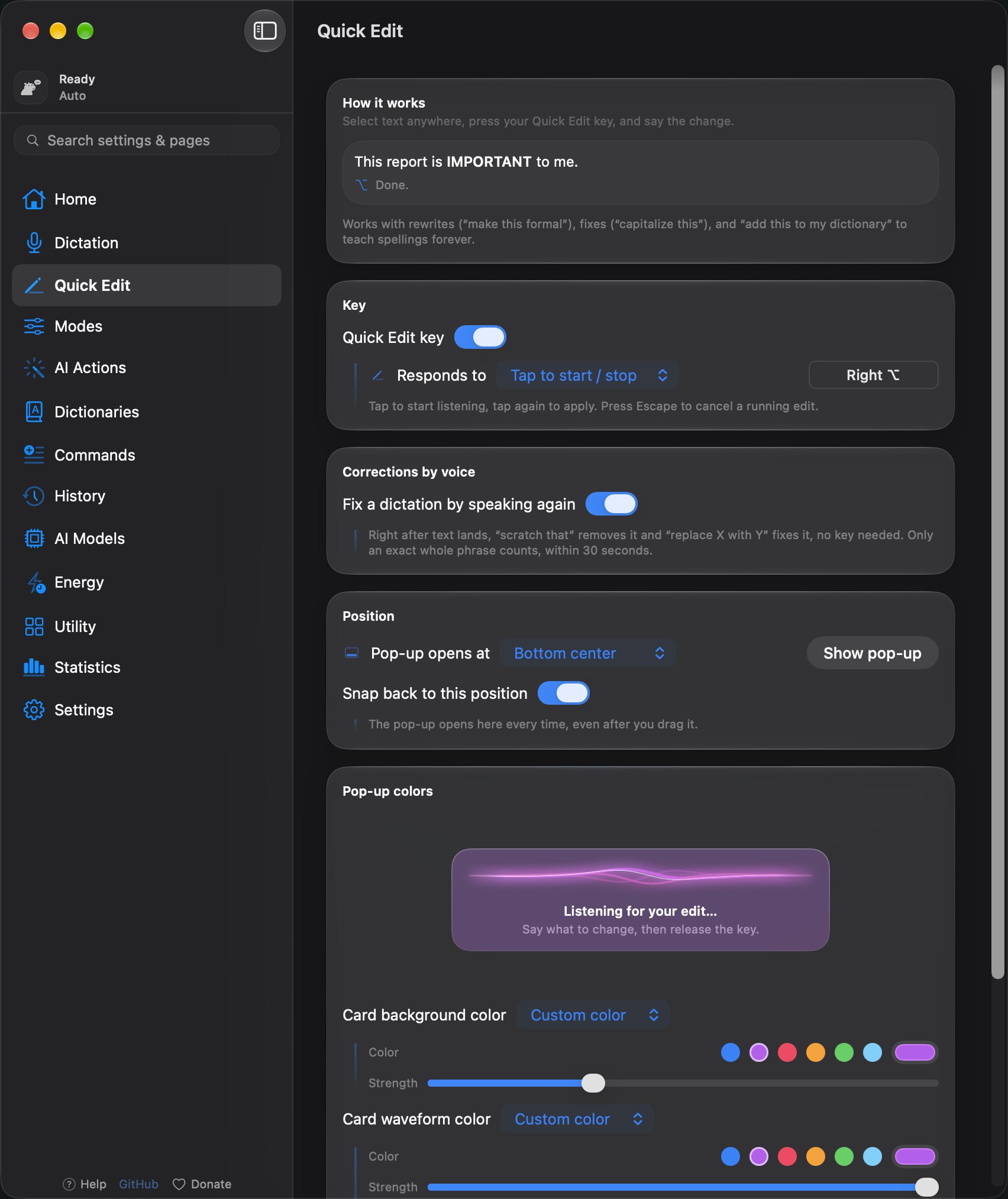 The YapToText Quick Edit page with the Quick Edit key and the card's position and colors
