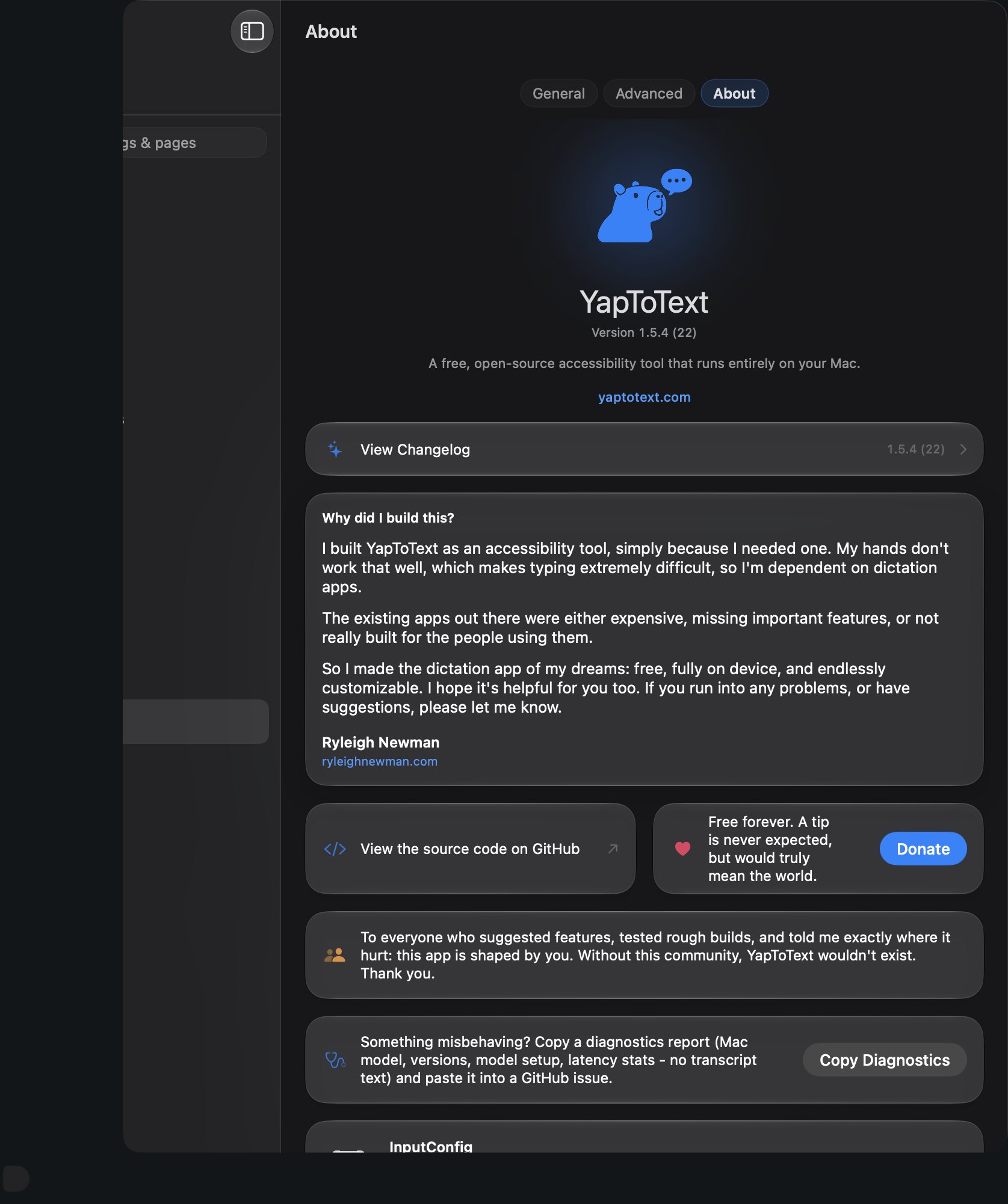 YapToText Settings on the About tab showing version 1.5.4