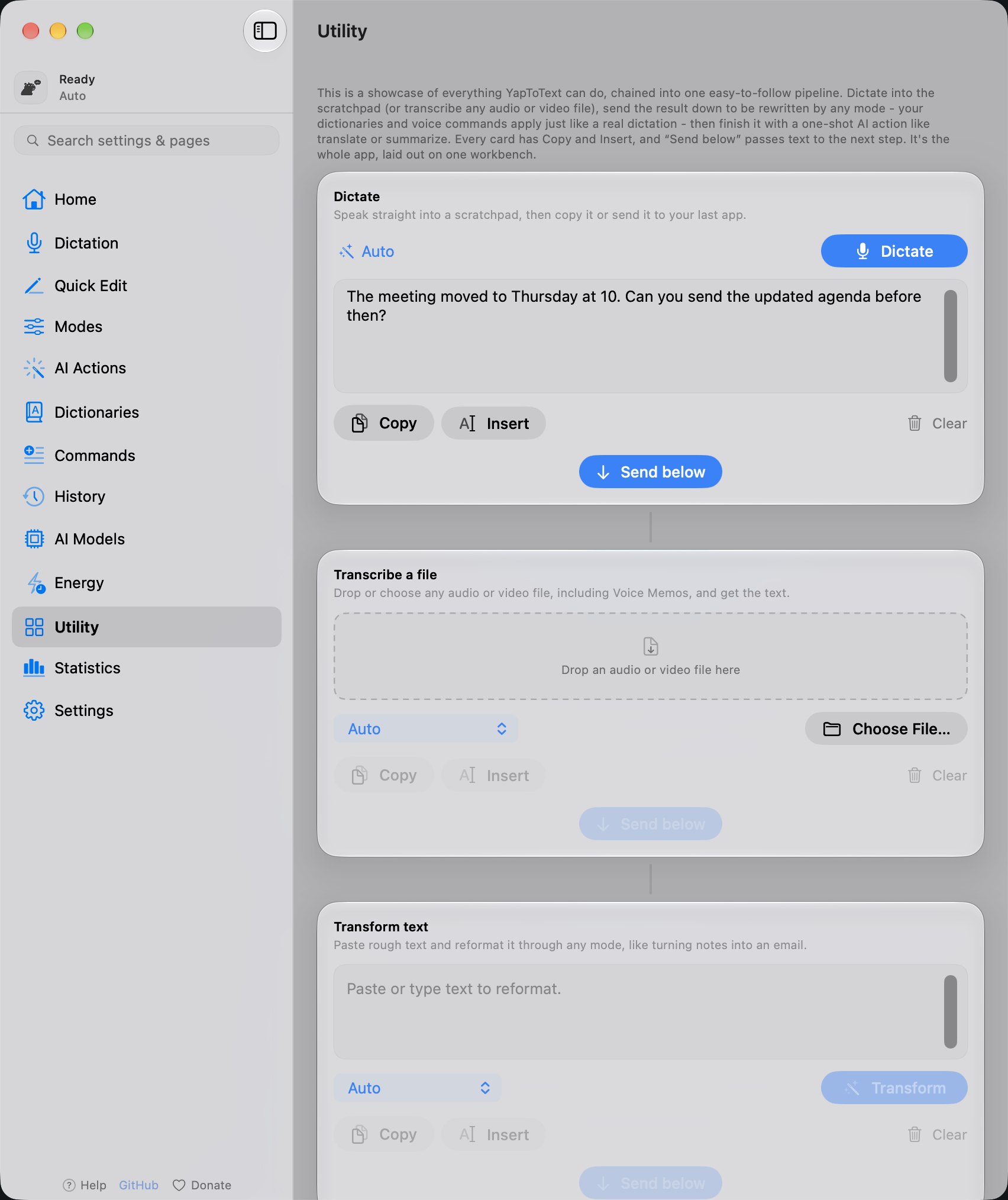 The YapToText Utility page with the Dictate scratchpad, the Transcribe a file drop zone and the Transform text card, in light mode