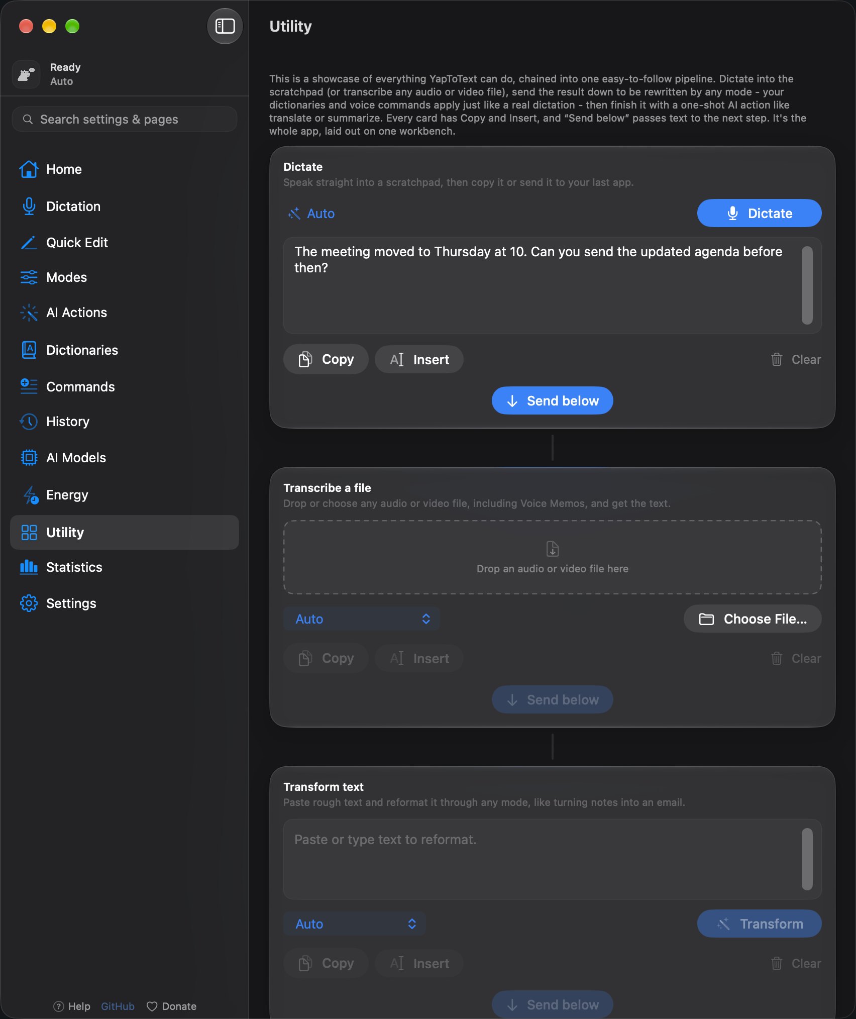 The YapToText Utility page with the Dictate scratchpad, the Transcribe a file drop zone and the Transform text card