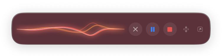 The YapToText dictation pop-up in the Compact layout with a waveform and the stop and cancel buttons