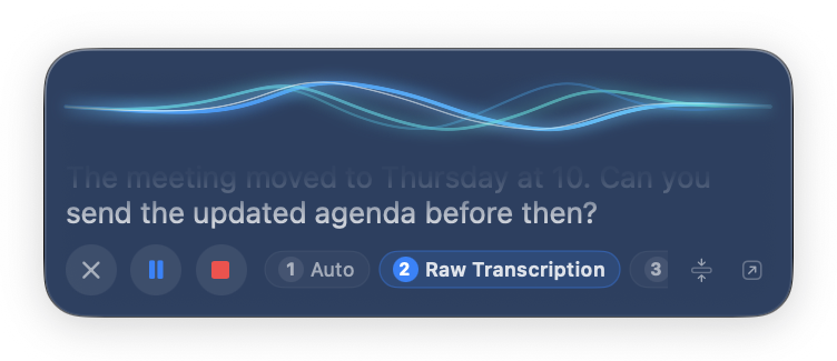 The expanded YapToText panel: a live blue waveform above the transcribed sentence, with cancel, pause and stop buttons and numbered mode chips.