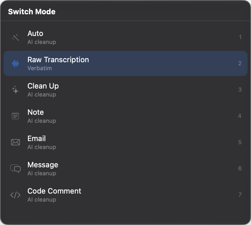 The YapToText mode switcher with numbered modes