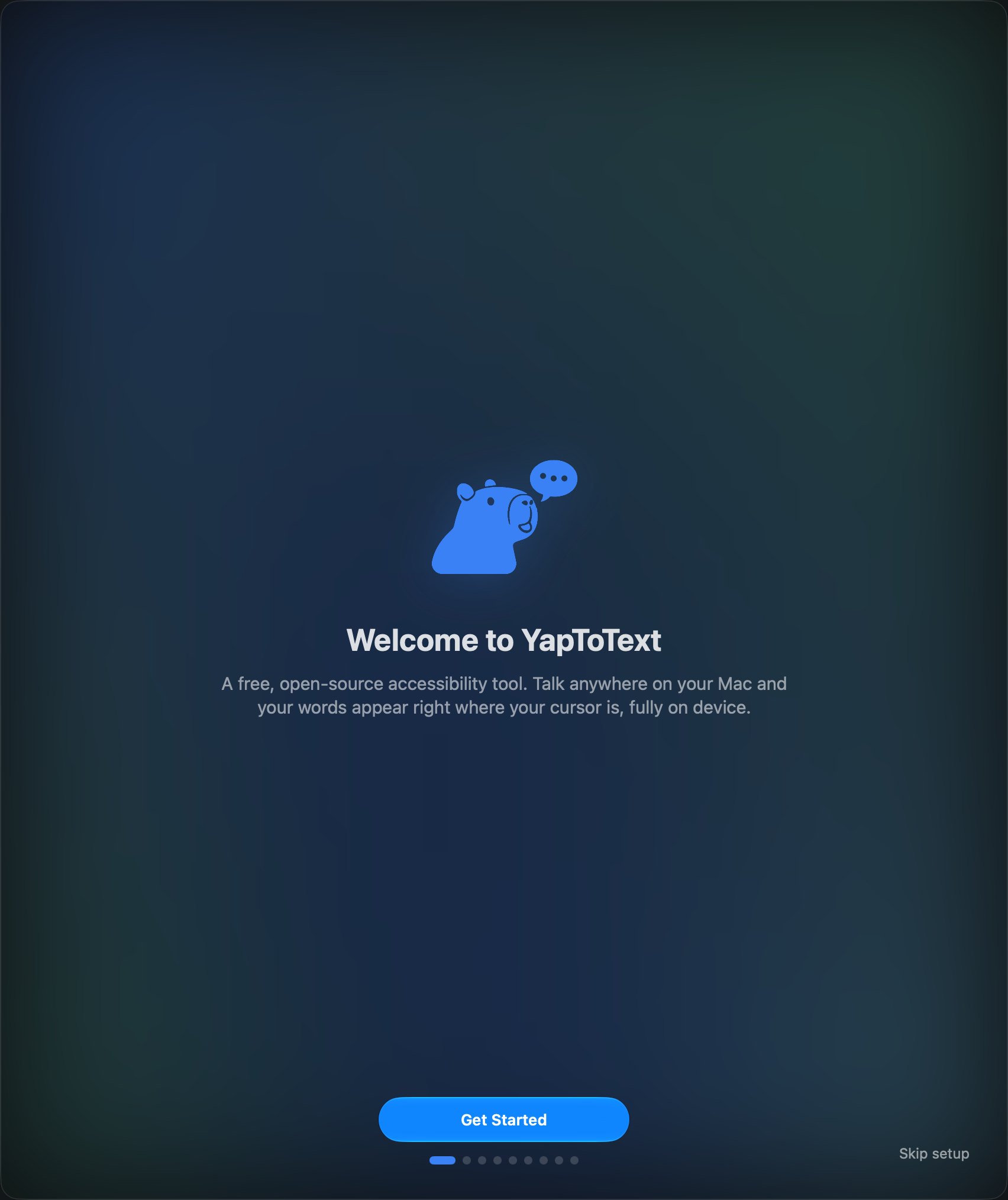 The YapToText welcome screen