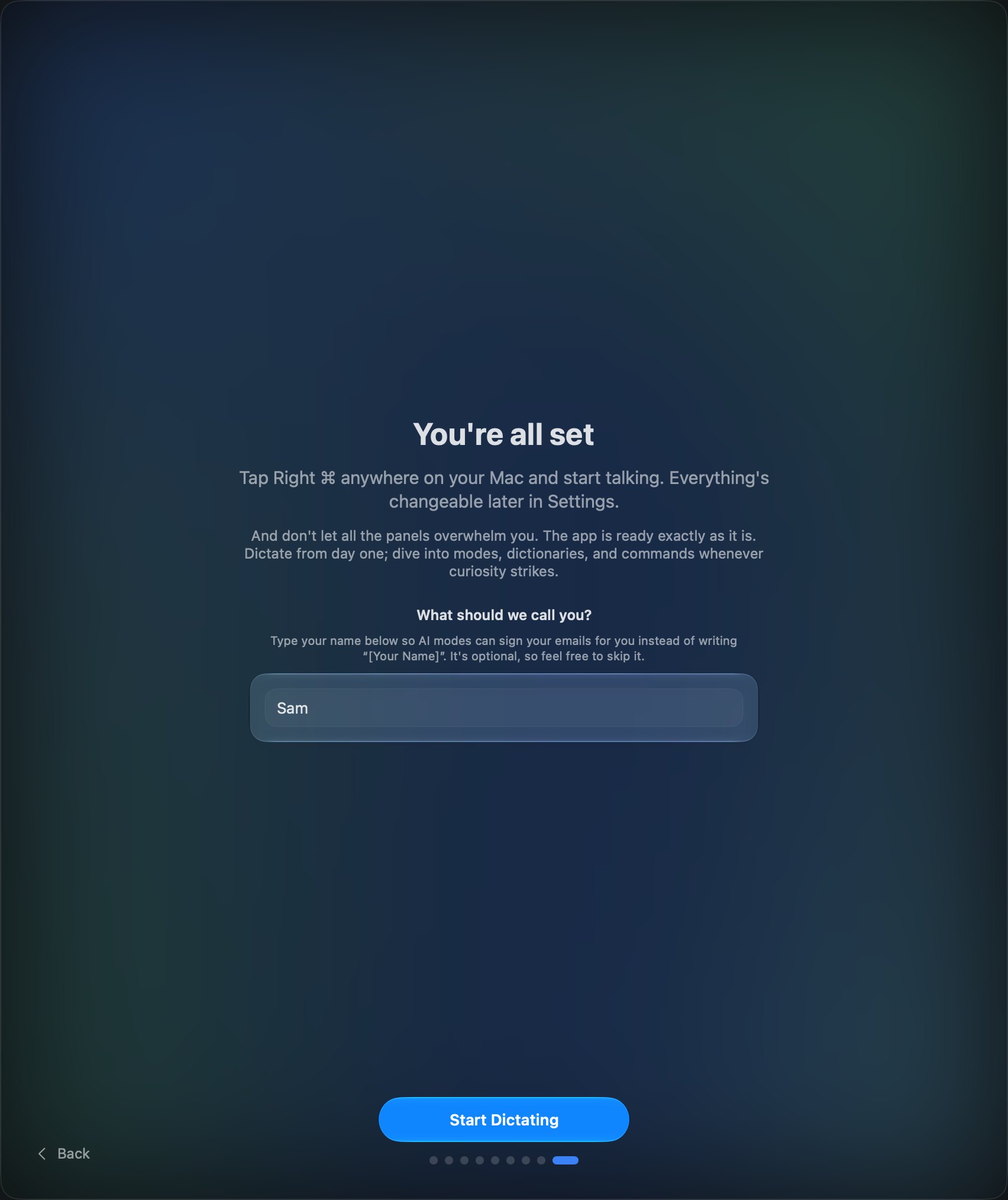 The last welcome step, with a name typed for email sign-offs
