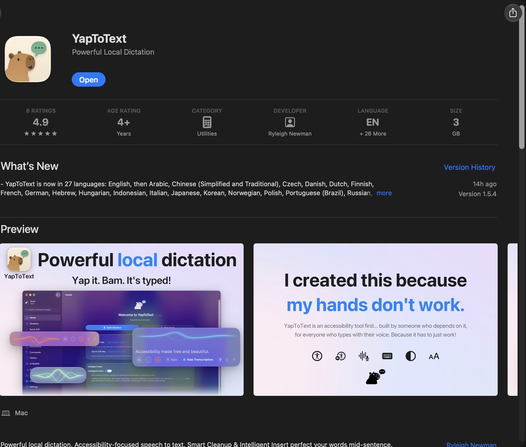 The YapToText page in the Mac App Store