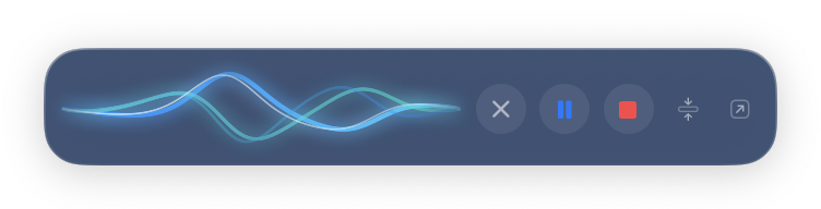The compact YapToText panel: a live waveform with cancel, pause, stop, collapse, and pop-out buttons.