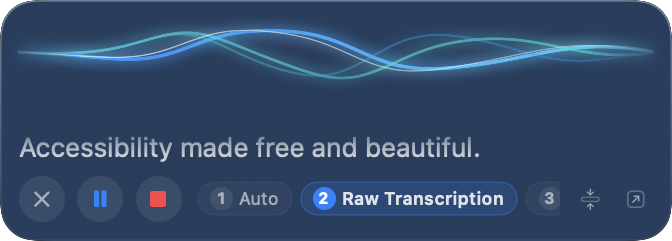 YapToText's floating dictation panel on a Mac: a live waveform, the sentence being typed, and cancel, pause and stop buttons.